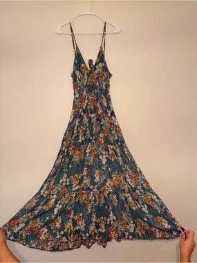 Angie Teal Floral Maxi Dress with V-Neck Spaghetti Straps